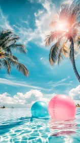 Tropical infinity pool with pastel beach balls and palms.