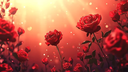 Red Roses Bloom Against Luminous Gradient Backdrop.