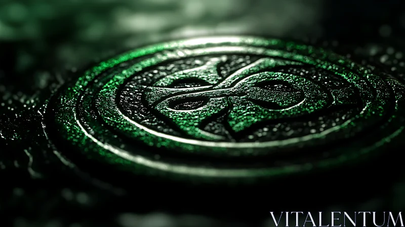 Green embossed circular emblem with abstract knotwork.