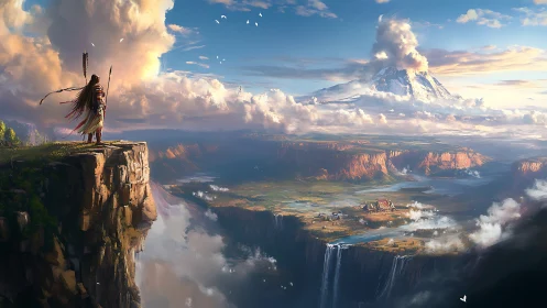 Lone wanderer surveys vast cliffside world at sunrise.