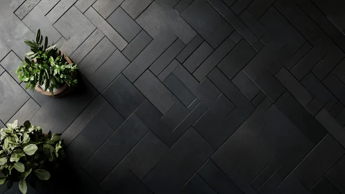 Minimal potted greenery on dark geometric wood floor.