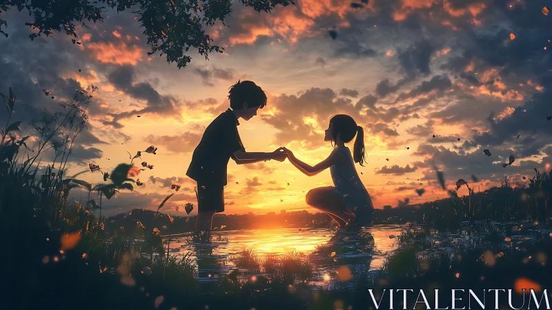 Gentle sunset moment as two children share a quiet promise