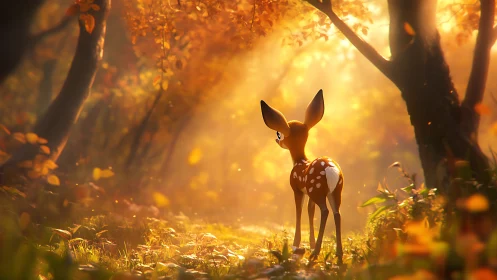 Young cartoon deer in warm autumn forest clearing.