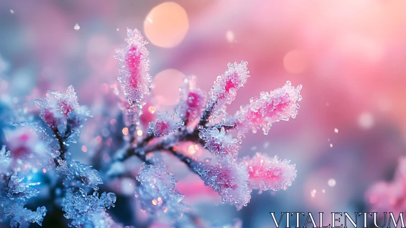 Frost coated pink buds fill frame against softly blurred bokeh