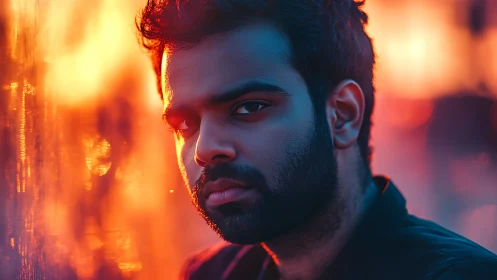 Moody portrait captures young man in vivid sunset bokeh glow