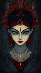 Crimson-eyed moon goddess carves silence from the shadows