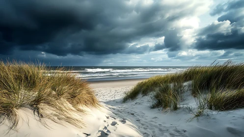 Storm-lit coastal dunes frame turbulent North Sea horizon