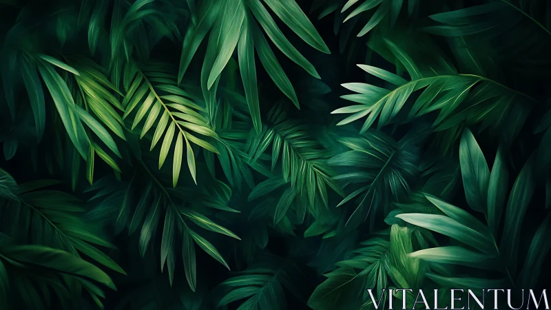 Lush tropical palm leaves drift in deep emerald jungle shade