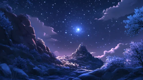 Starry blue night over mountain path and valley landscape.