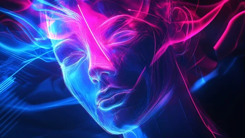 Neon wireframe human face rendered with blue and magenta light