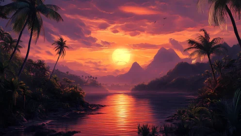 Crimson tropic sunset bathing misty mountains in molten light.