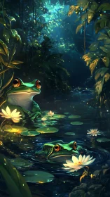 Curious forest frogs drifting through a lantern-lit lagoon.