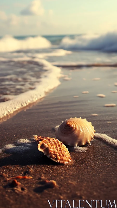 Sunlit seashells near foamy shoreline at low tide.