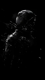 Shattering hooded figure emerging from deep black void.