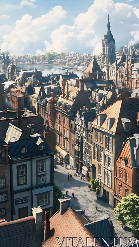 Sunlit riverside cityscape with historic European rooftops.