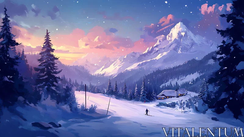 Sunset-lit alpine ski slope glows beneath snowy peaks.