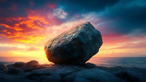 Large coastal boulder rests on shoreline under sunset sky