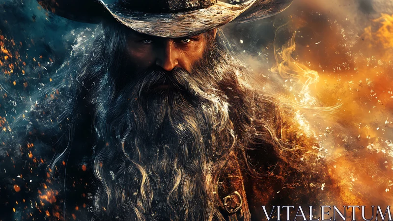 Aged gunslinger portrait within fire and embers diffusion storm