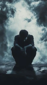 Silhouetted figure crouching under dark, clouded sky.