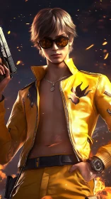 Stylized action portrait in glossy yellow combat attire.