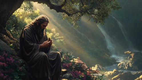 Solitary sage contemplates quietly beneath sunlit canopy.