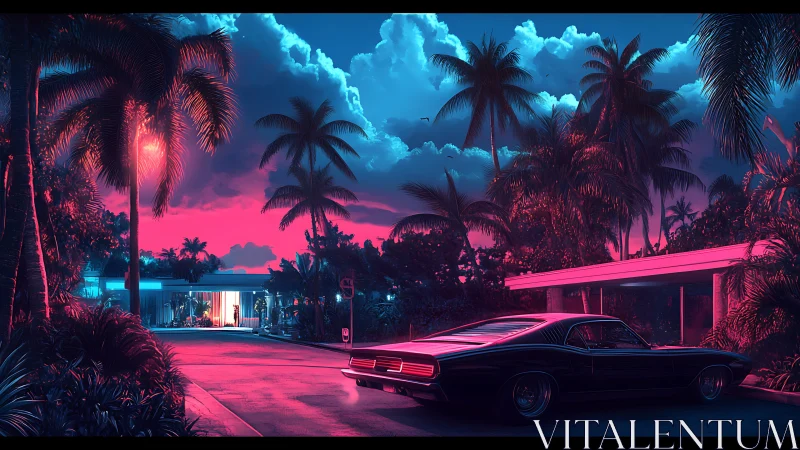 Neon dusk muscle car prowls a synthwave tropical motel.