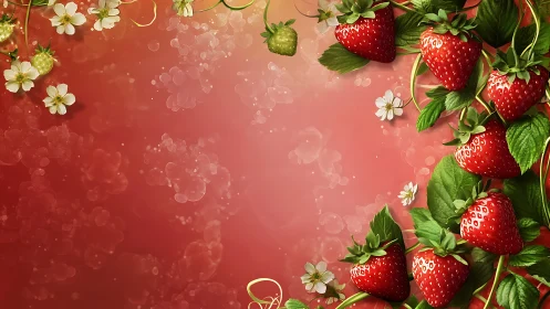 Ripe strawberry cluster with blossoms on soft bokeh red field