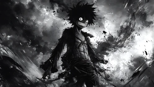 Monochrome anime combatant amid turbulent ink-splash vortex.