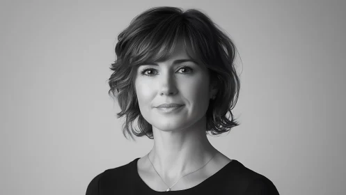 Calm monochrome portrait of a poised, short-haired woman.