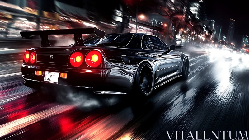 Night-slick asphalt mirrors a boosted street racer’s red blaze