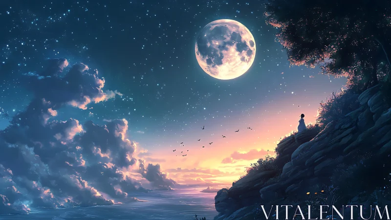 Lunar-illuminated coastline with solitary observer at twilight.