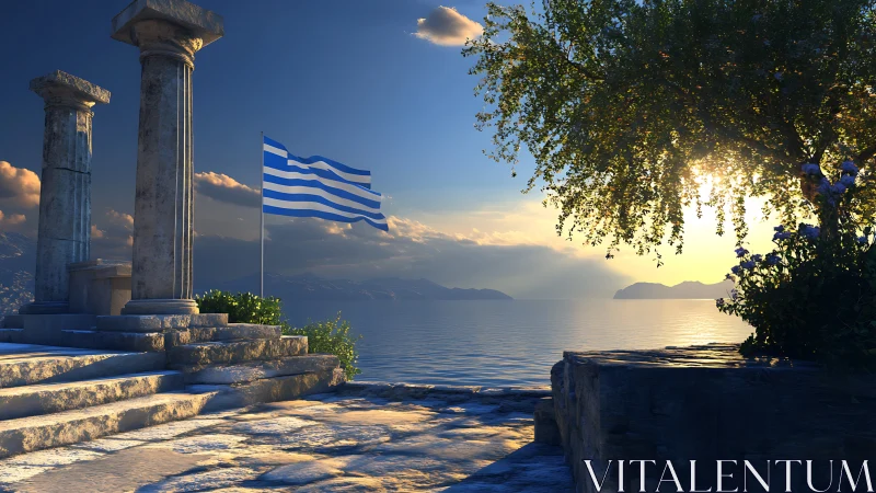 Sunlit Greek ruins salute a flag over glassy Aegean waters.
