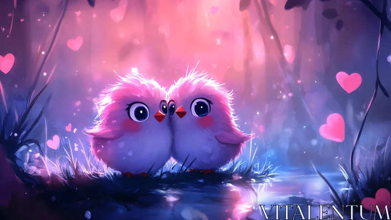 Pink Luminescent Birds Share Moment in Glowing Forest