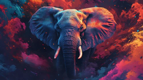 Cosmic elephant draped in neon clouds of color and light.