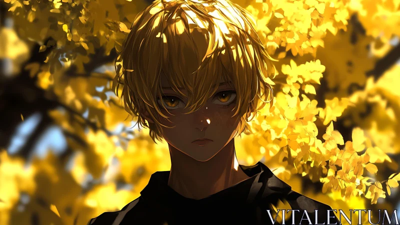Golden-haired loner beneath blazing autumn ginkgo light.