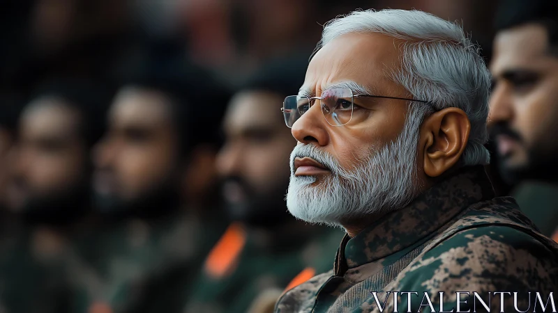 Elderly man in camouflage uniform amid blurred military crowd