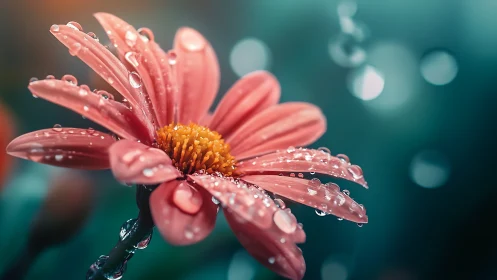 Pink Gerbera Daisy With Raindrops In Soft Focus.