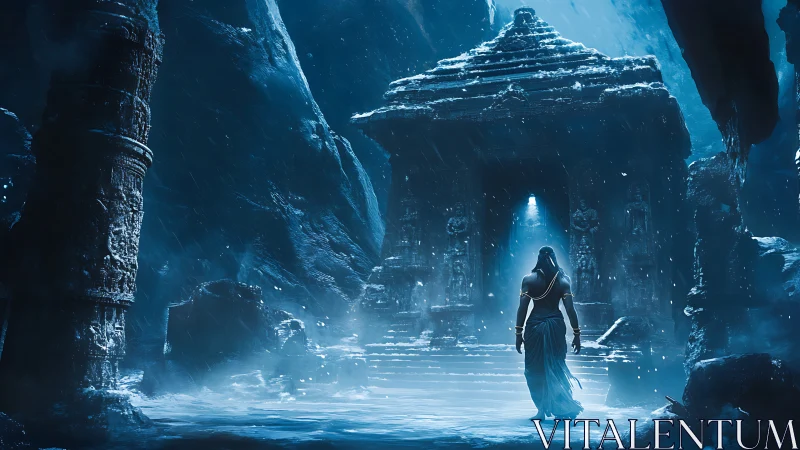 Lone robed figure approaches a frozen luminous temple gateway