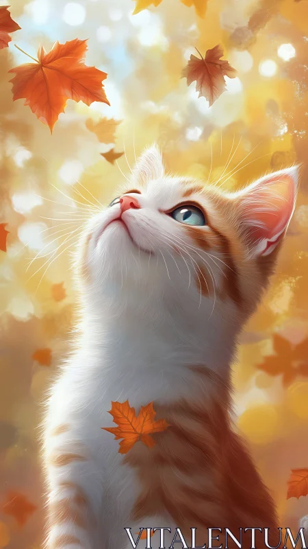 Curious Kitten Gazes at Falling Autumn Leaves.