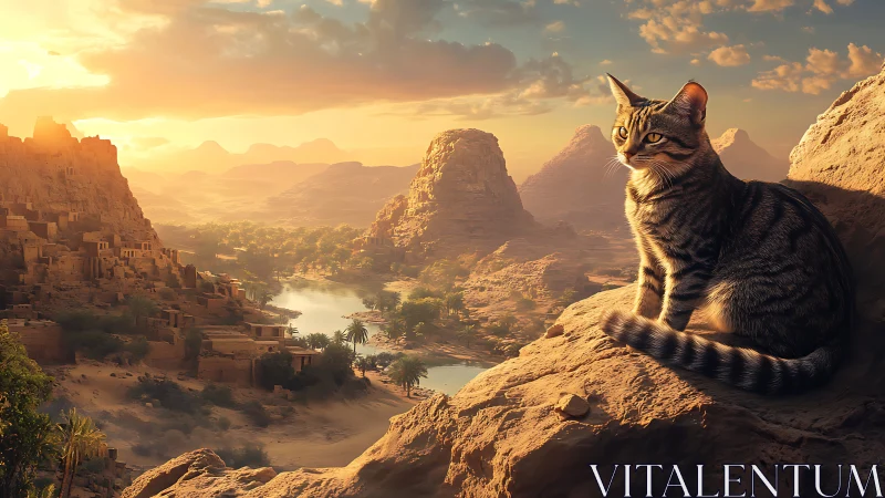 Desert valley glows as a calm tabby cat watches the sunrise