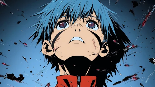 Stunned blue haired hero looks upward through swirling debris