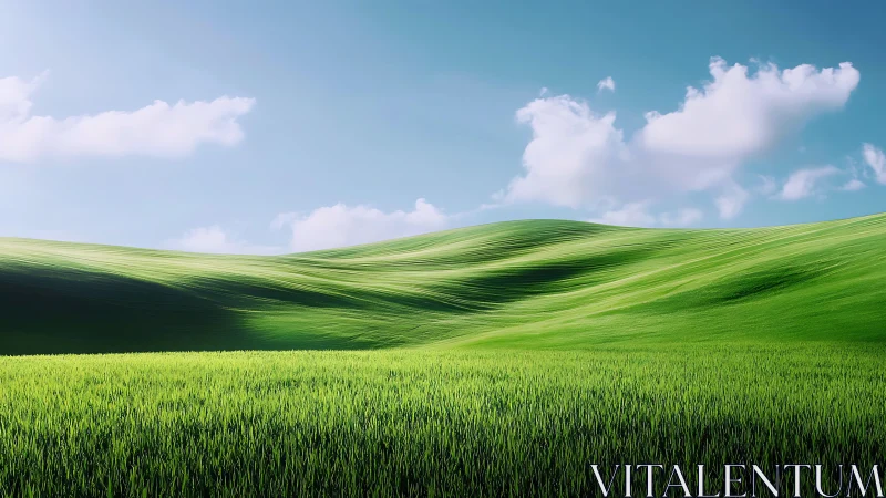 Sunlit green hills under soft clouds and clear sky.