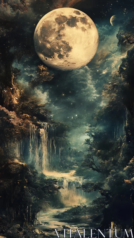 Luminous moon above ethereal waterfalls in misted forest.