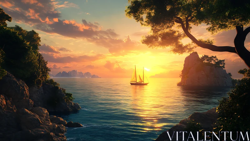 Sunlit sailboat quietly threads between glowing coastal cliffs