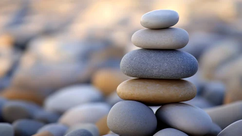 Balanced river stones stack in soft coastal bokeh light.