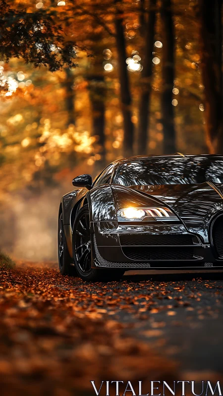 Black sports car is positioned on a leaf covered forest road