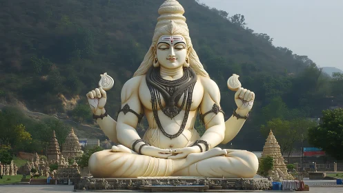 Large seated Shiva statue in outdoor temple setting.