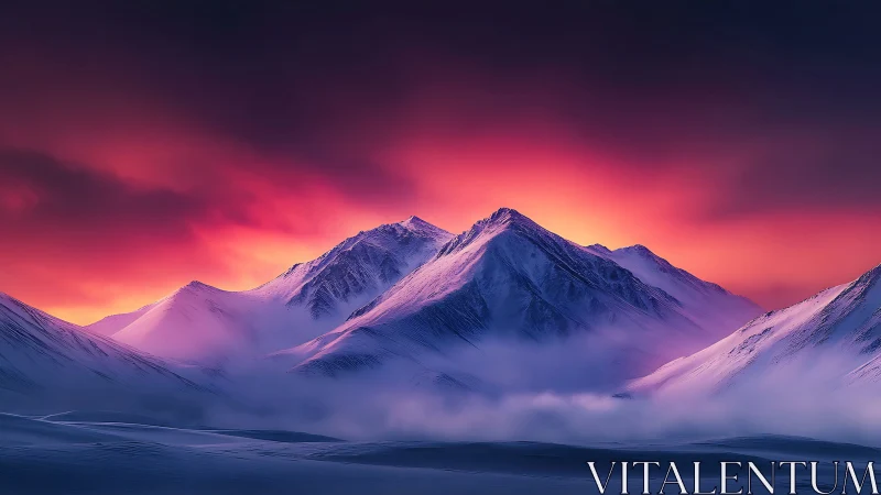 Crimson dawn pours molten light over violet snow peaks