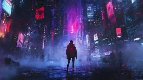 Lone figure in neon cyberpunk city street at night.