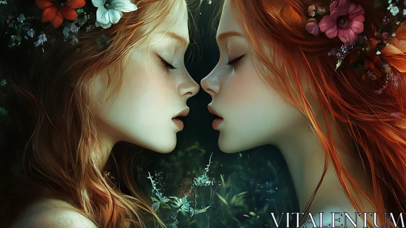 Twin floral muses in ethereal mirrored profile embrace.